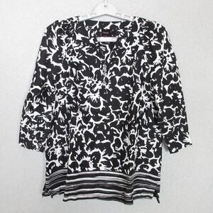 Rafaella Womens Linen Tunic Top Petite Black White Abstract Print 3/4 Sleeve PS